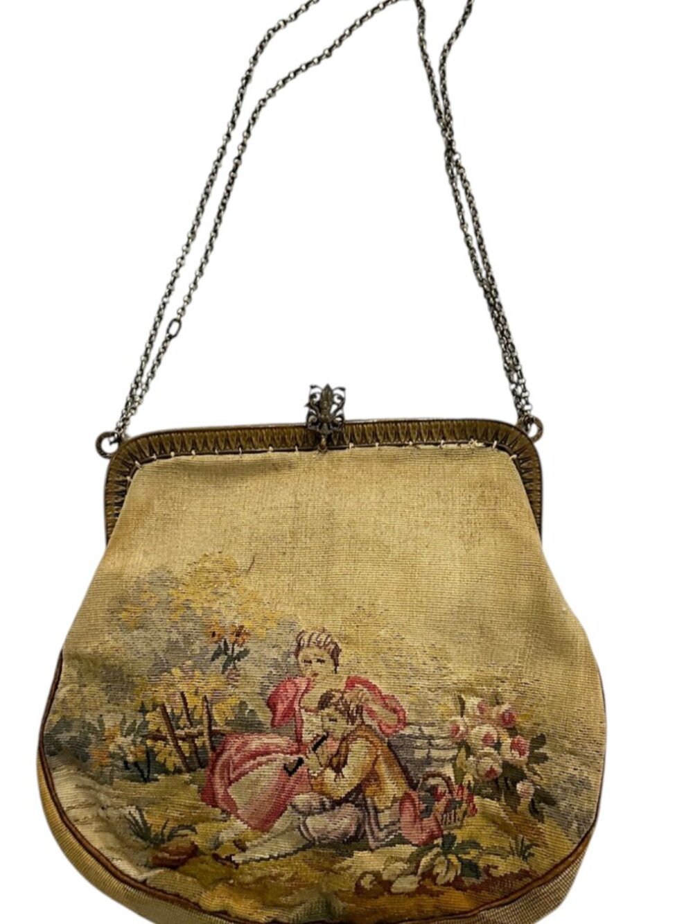 Antique 1920s French Tapestry Evening Handbag with Chain Strap